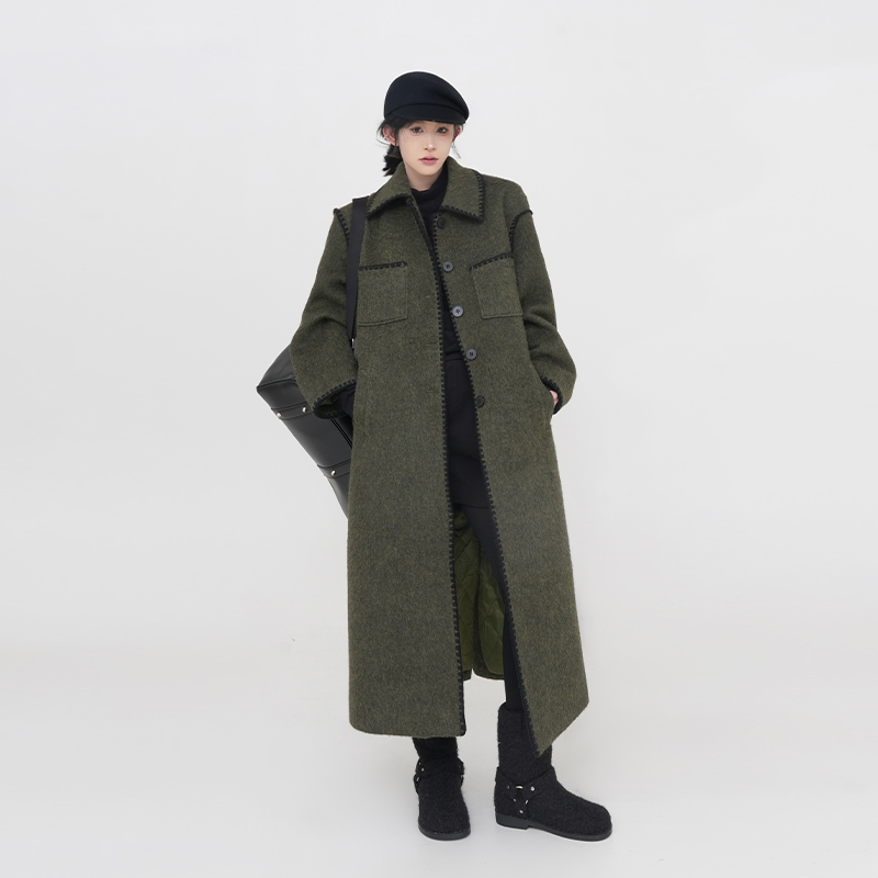 Green Lapel Quilted Thick Wool Coat for Women - Loose Long Korean-Style Outerwear for Autumn and Winter Fashion