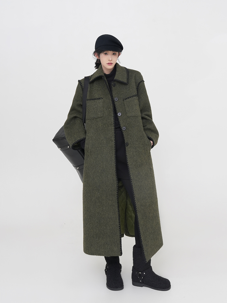 Green Lapel Quilted Thick Wool Coat for Women - Loose Long Korean-Style Outerwear for Autumn and Winter Fashion