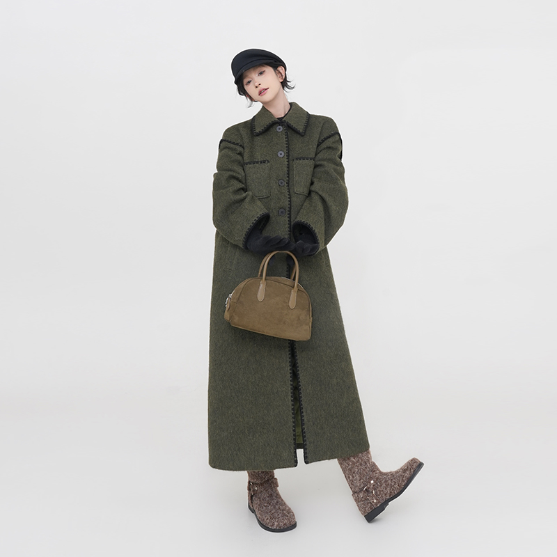 Green Lapel Quilted Thick Wool Coat for Women - Loose Long Korean-Style Outerwear for Autumn and Winter Fashion Green Lapel Quilted Thick Wool Coat for Women - Loose Long Korean-Style Outerwear for Autumn and Winter Fashion