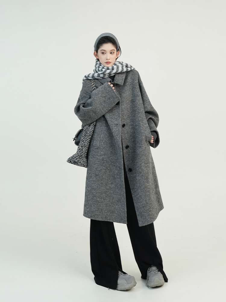 Green Wool Lapel Coat for Women, Autumn Winter Korean Style Loose Warm Long Outerwear