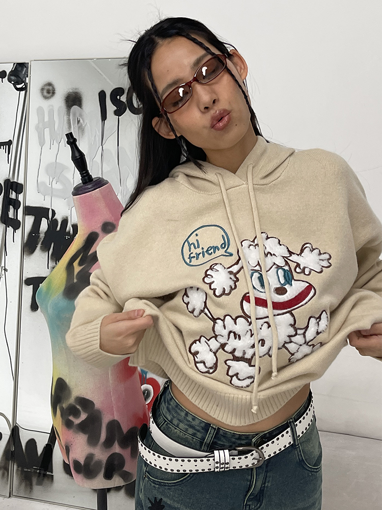 Grey Pullover Hoodie with Sheep Doll Design - Loose-Fit Sweater for Casual Y2K Style Grey Pullover Hoodie with Sheep Doll Design - Loose-Fit Sweater for Casual Y2K Style