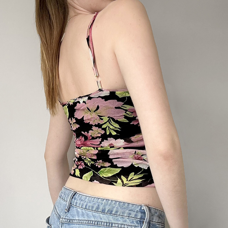 Guava Color Plant Print V-Neck Cami Ruffled Slim-Fit Vintage Top - Y2K Inspired Waist-Defining Women's Fashion Top