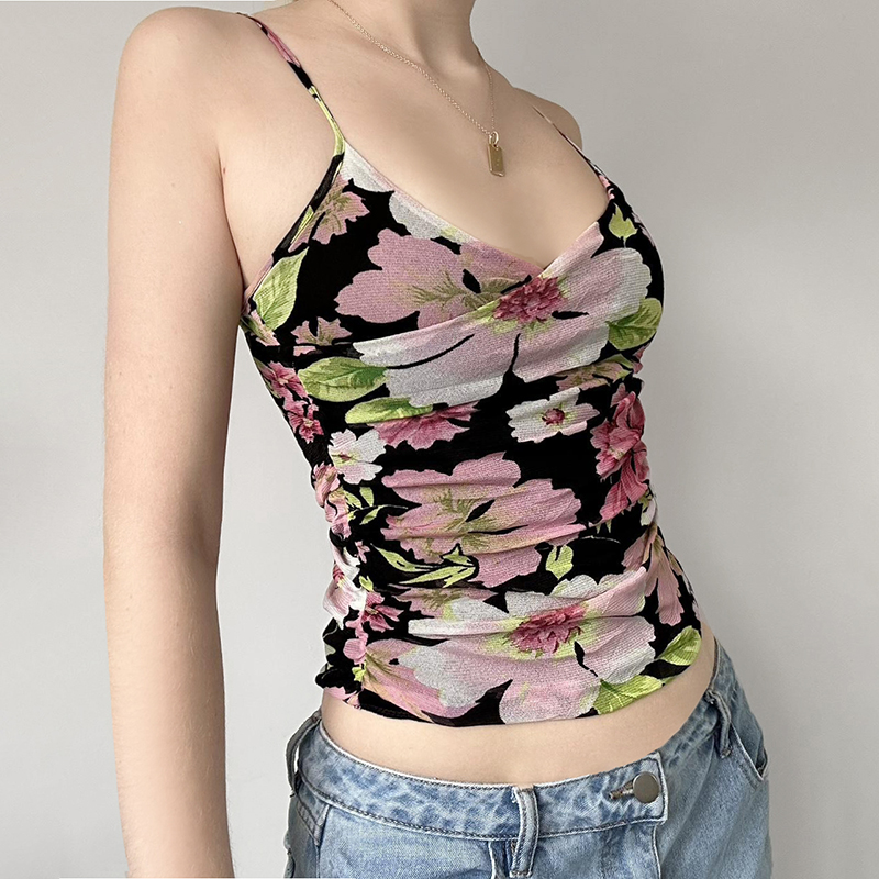 Guava Color Plant Print V-Neck Cami Ruffled Slim-Fit Vintage Top - Y2K Inspired Waist-Defining Women's Fashion Top