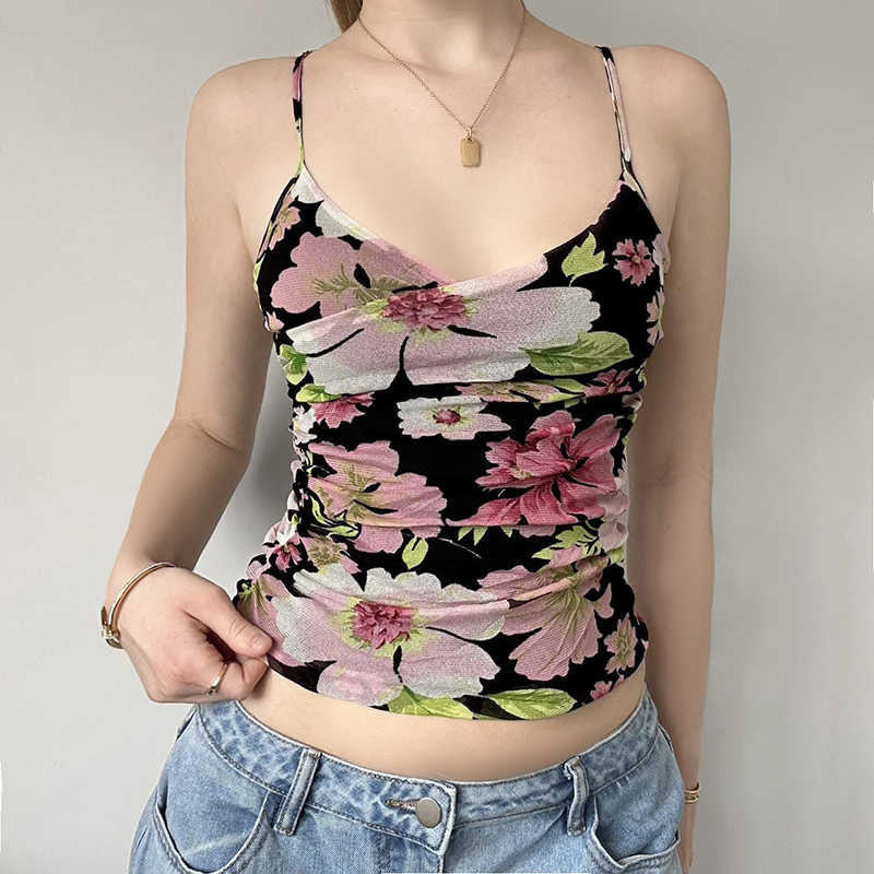 Guava Color Plant Print V-Neck Cami Ruffled Slim-Fit Vintage Top - Y2K Inspired Waist-Defining Women's Fashion Top