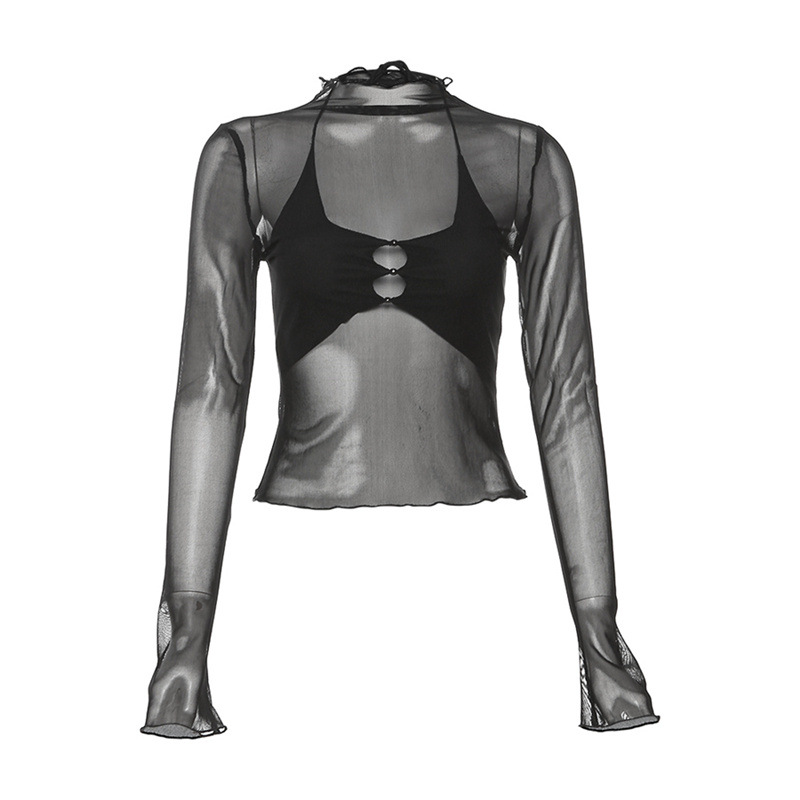 Half-High Collar Mesh Top and Black Drawstring Tapered Pants Dance Outfit for Women - Sexy Korean Style Fashion