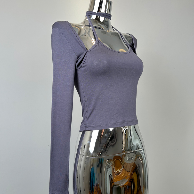 Halter Neck Tie Long Sleeve T-Shirt for Women - Sexy Pure Desire Style Spring Layering Top, Chest-Showcasing, Trendy Fashion