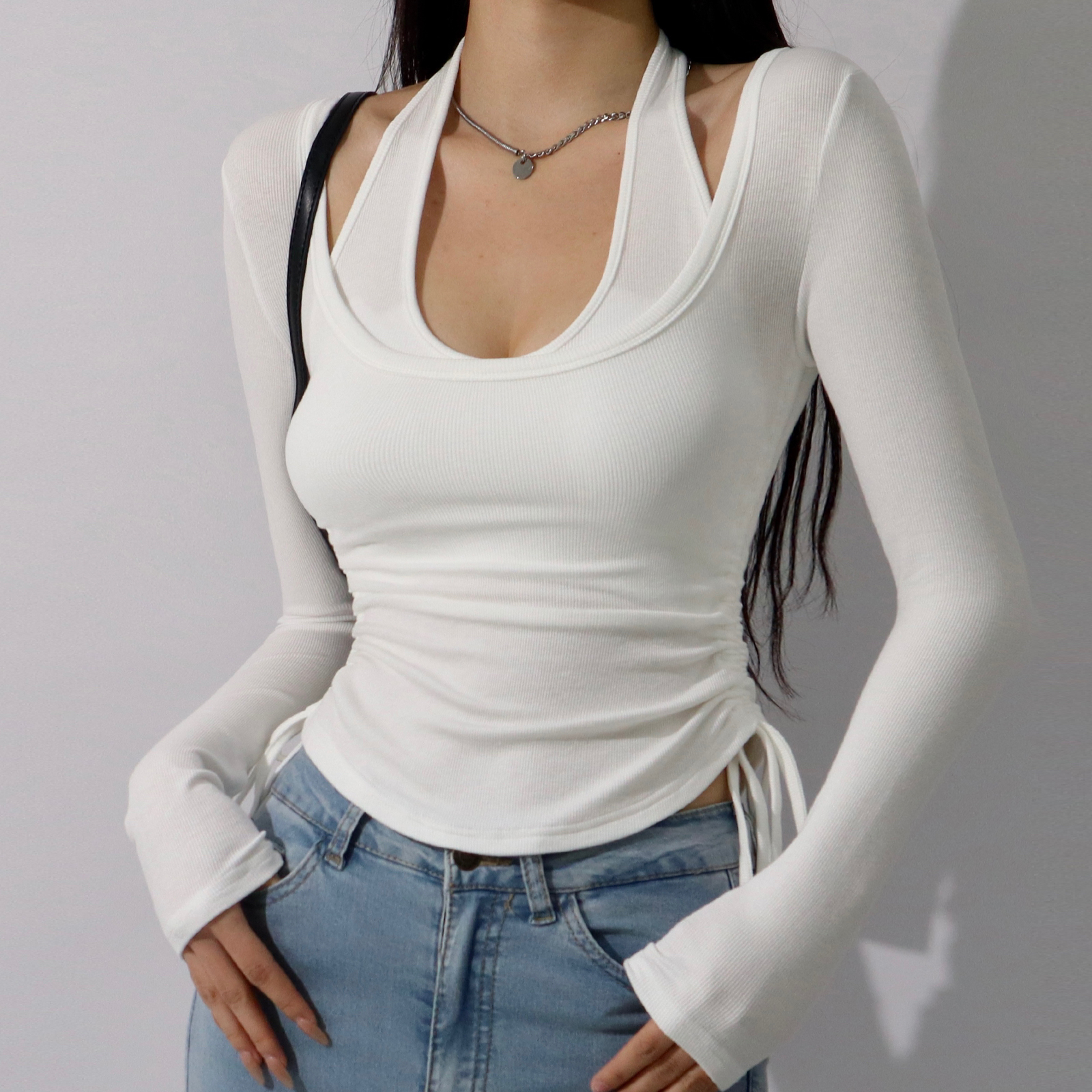 Halter V-Neck Slim-Fit Long Sleeve T-Shirt Two-Piece Set - European American Style Basic Top for Flattering Look Halter V-Neck Slim-Fit Long Sleeve T-Shirt Two-Piece Set - European American Style Basic Top for Flattering Look