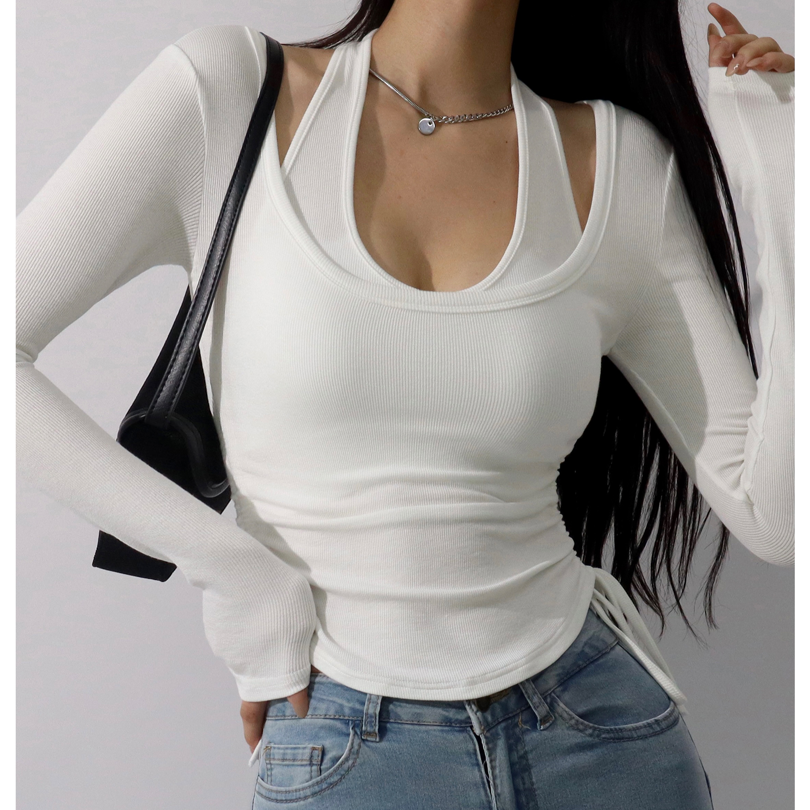 Halter V-Neck Slim-Fit Long Sleeve T-Shirt Two-Piece Set - European American Style Basic Top for Flattering Look Halter V-Neck Slim-Fit Long Sleeve T-Shirt Two-Piece Set - European American Style Basic Top for Flattering Look