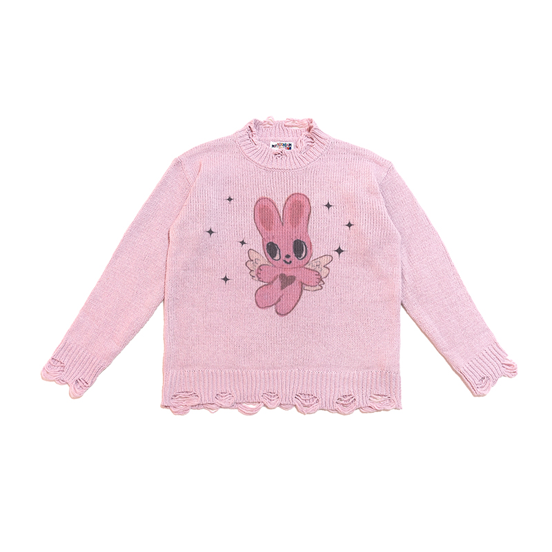 Hand-Painted Pink Rabbit Print Distressed Pullover Sweater - Loose Knit Y2K Style
