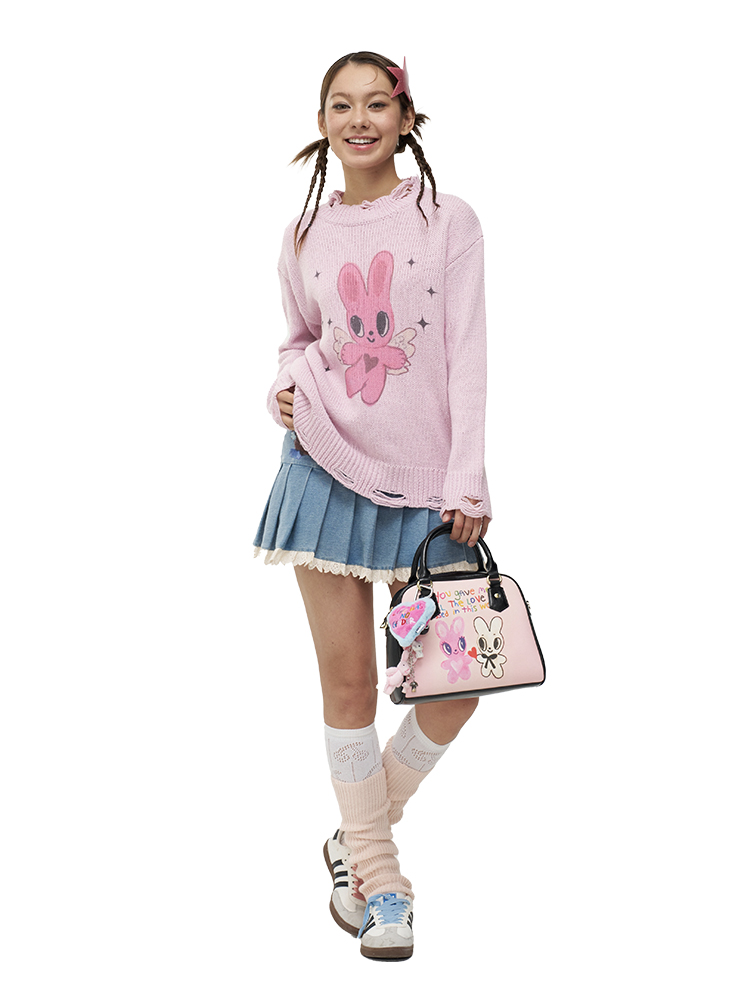 Hand-Painted Pink Rabbit Print Distressed Pullover Sweater - Loose Knit Y2K Style Hand-Painted Pink Rabbit Print Distressed Pullover Sweater - Loose Knit Y2K Style