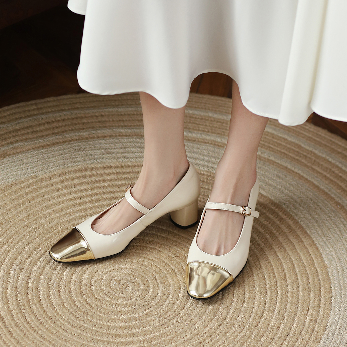 Handmade Color-Block Vintage Mary Jane Women's Shoes - High Heel Soft Leather Chunky Heel Shallow Mouth for Spring 2025 Fashion