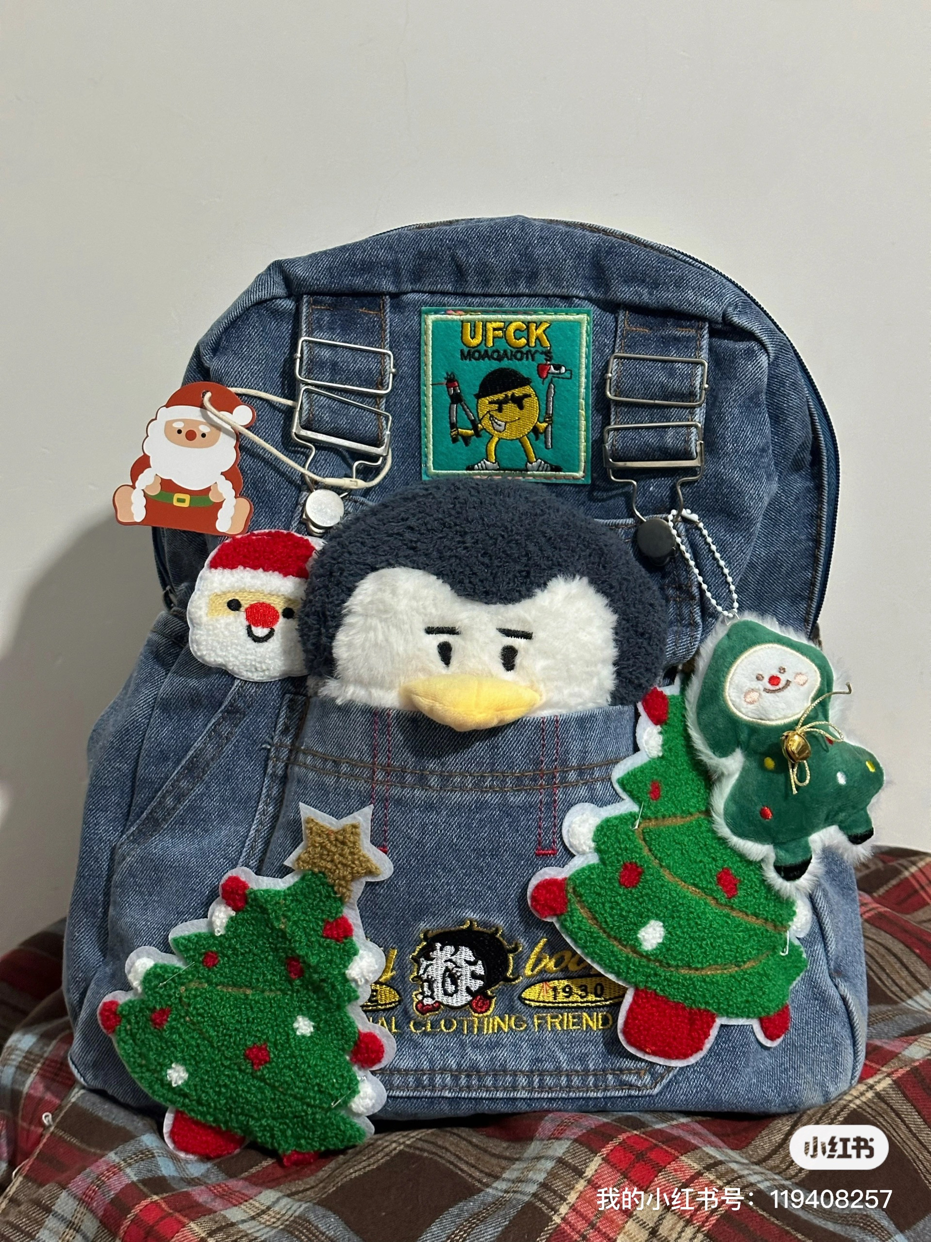 Handmade Denim Christmas Series Large-Capacity Backpack for Women - Cute Student Book Bag