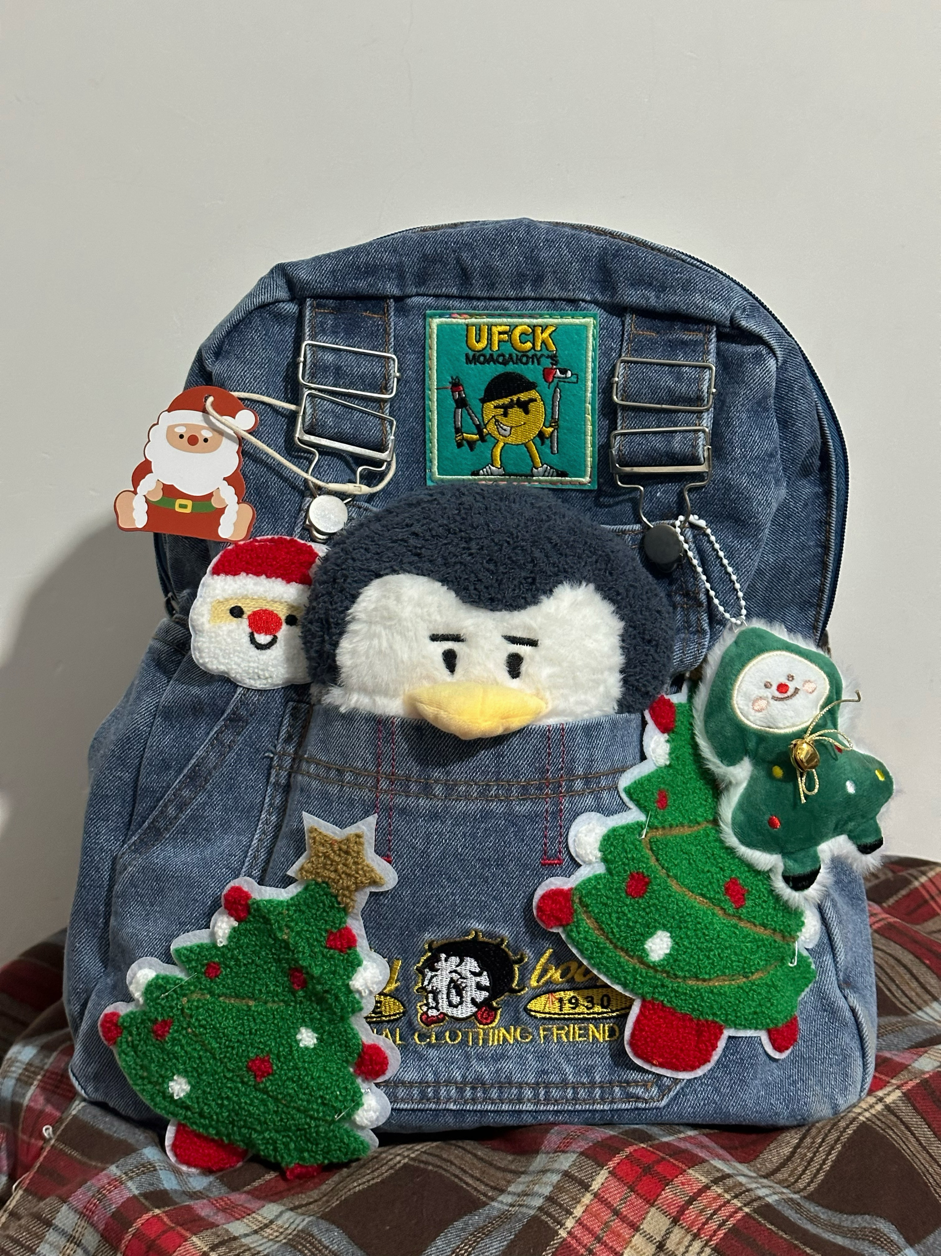 Handmade Denim Christmas Series Large-Capacity Backpack for Women - Cute Student Book Bag