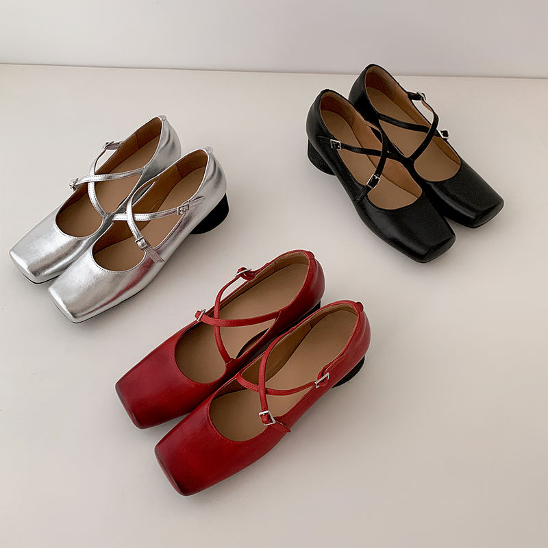 Handmade Distressed Red Cowhide Mary Jane Shoes for Women - Vintage Square-Toe with Cross Strap - French Style Fashion Footwear Handmade Distressed Red Cowhide Mary Jane Shoes for Women - Vintage Square-Toe with Cross Strap - French Style Fashion Footwear