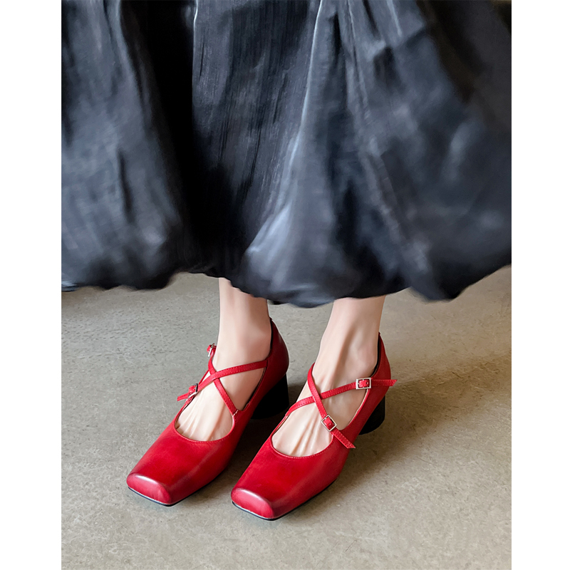 Handmade Distressed Red Cowhide Mary Jane Shoes for Women - Vintage Square-Toe with Cross Strap - French Style Fashion Footwear