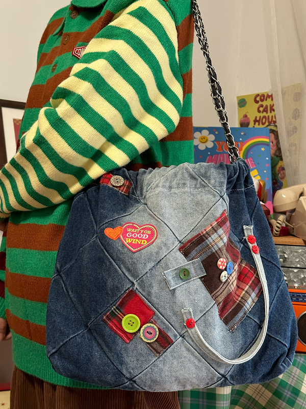 Handmade Large-Capacity Retro Denim Tote Bag for Women - Versatile Millennial Style Class Bag