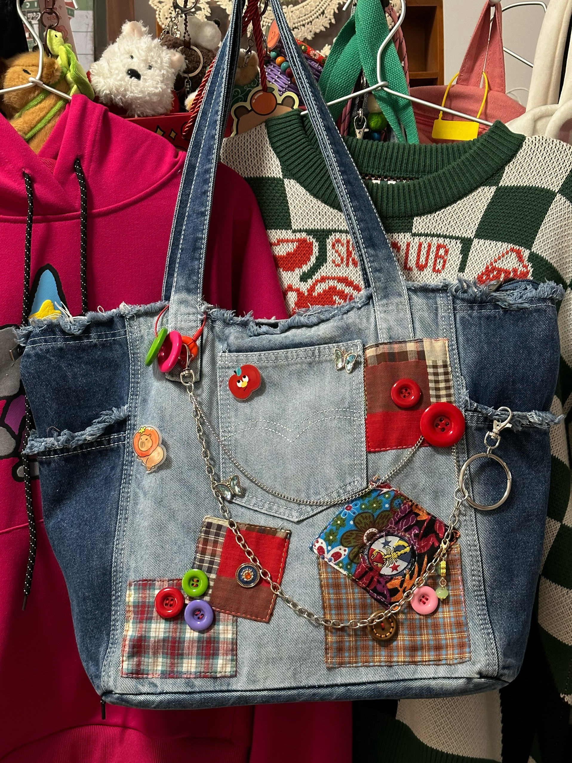 Handmade Patchwork Denim Shoulder Tote Bag - Large Capacity Y2K Style Niche Design for Trendy Girls
