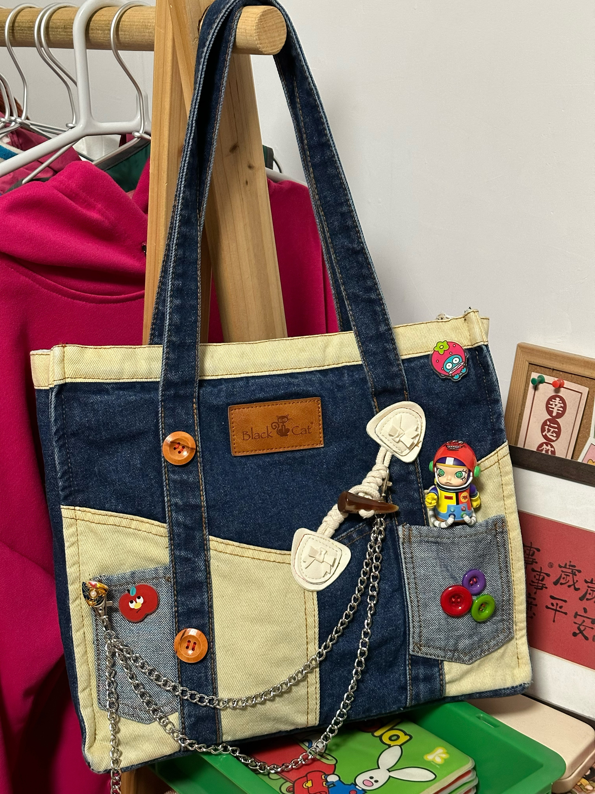 Handmade Patchwork Denim Tote Bag - Large Capacity Commuter Shoulder Bag for Women - Stylish Student Class Carryall