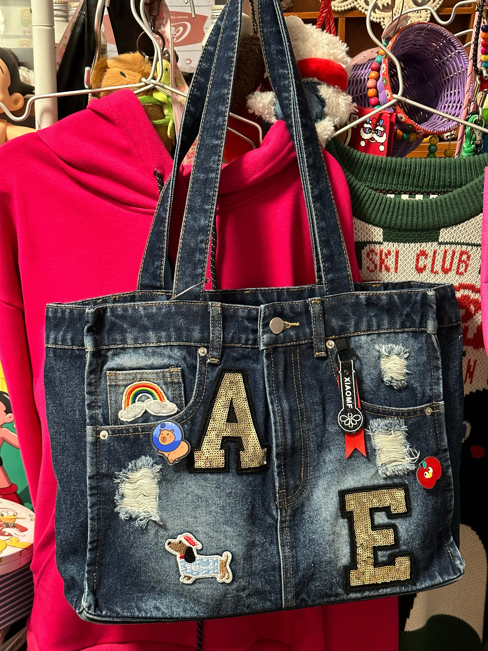 Handmade Retro Denim Tote Bag - Large Capacity Versatile Stylish Student Bag - Perfect for Y2K and Vintage Fashion Lovers Handmade Retro Denim Tote Bag - Large Capacity Versatile Stylish Student Bag - Perfect for Y2K and Vintage Fashion Lovers