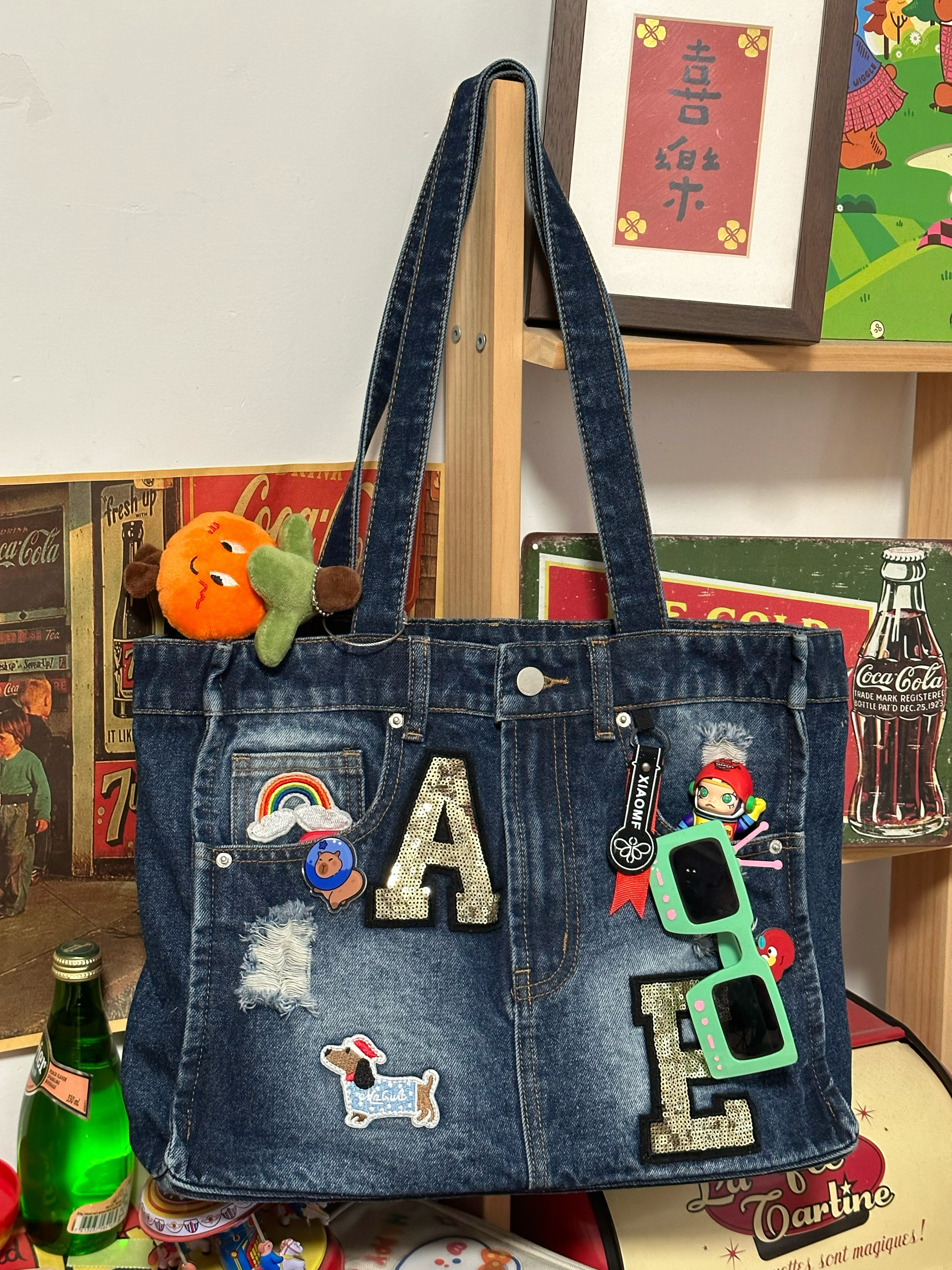 Handmade Retro Denim Tote Bag - Large Capacity Versatile Stylish Student Bag - Perfect for Y2K and Vintage Fashion Lovers
