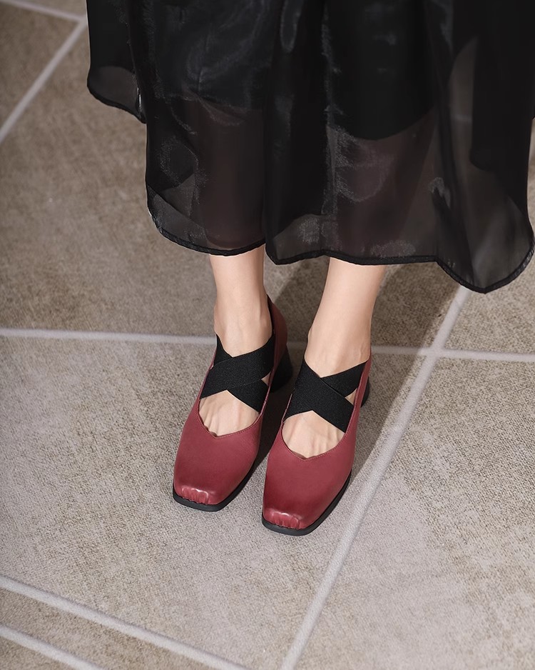 Handmade Retro Lace-Up Pig Nose Ballet Shoes for Women, 5cm Chunky Heels, Square Toe, Genuine Leather, Y2K Style Flats Handmade Retro Lace-Up Pig Nose Ballet Shoes for Women, 5cm Chunky Heels, Square Toe, Genuine Leather, Y2K Style Flats