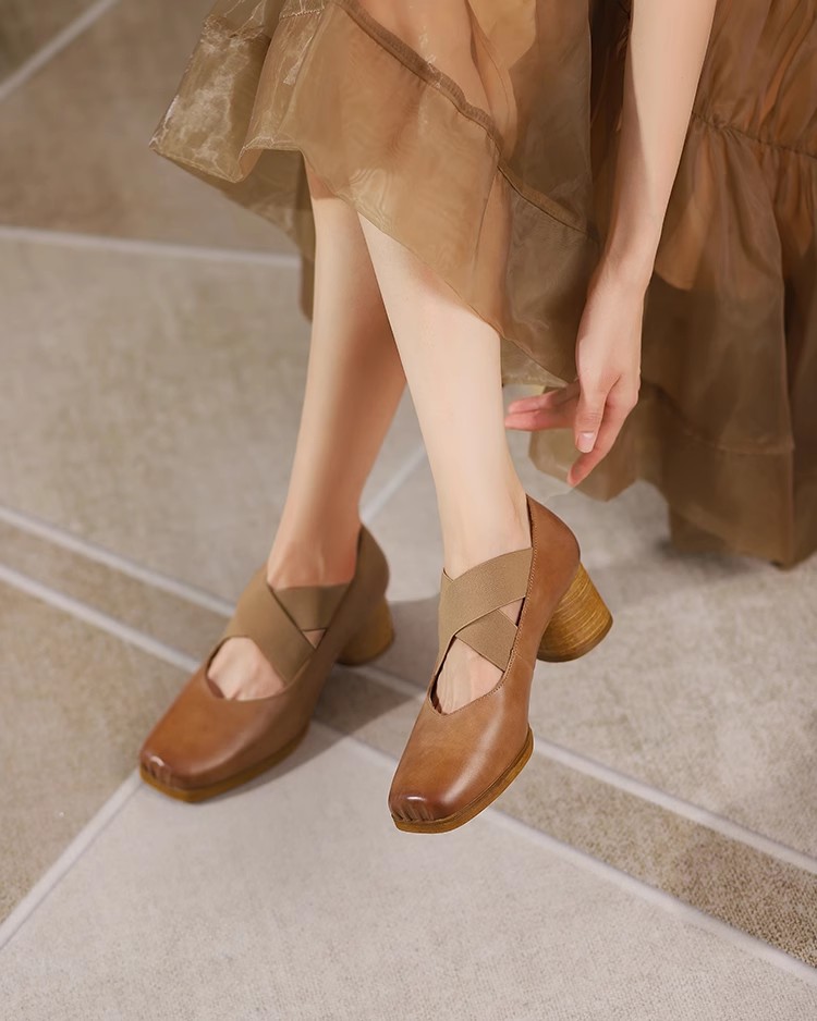 Handmade Retro Lace-Up Pig Nose Ballet Shoes for Women, 5cm Chunky Heels, Square Toe, Genuine Leather, Y2K Style Flats