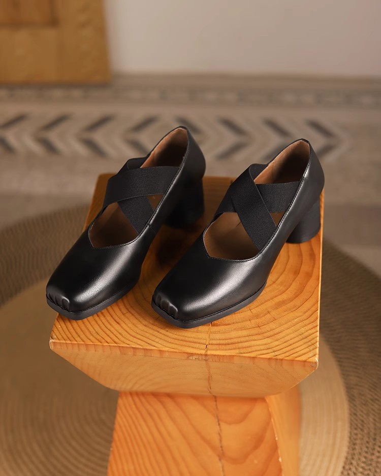 Handmade Retro Lace-Up Pig Nose Ballet Shoes for Women, 5cm Chunky Heels, Square Toe, Genuine Leather, Y2K Style Flats Handmade Retro Lace-Up Pig Nose Ballet Shoes for Women, 5cm Chunky Heels, Square Toe, Genuine Leather, Y2K Style Flats