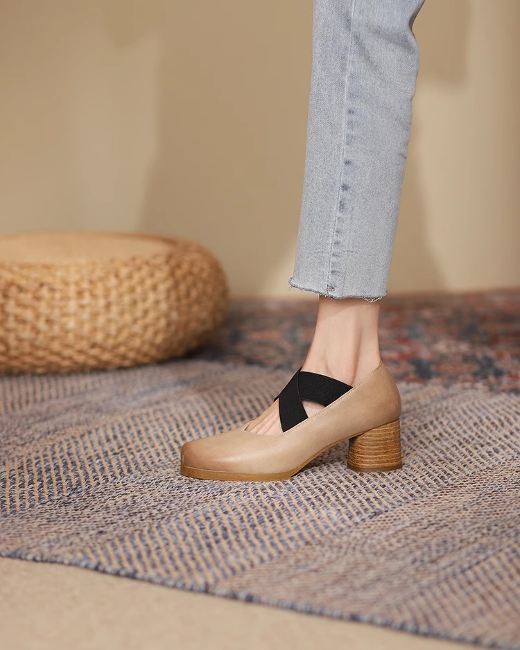 Handmade Retro Lace-Up Pig Nose Ballet Shoes for Women, 5cm Chunky Heels, Square Toe, Genuine Leather, Y2K Style Flats Handmade Retro Lace-Up Pig Nose Ballet Shoes for Women, 5cm Chunky Heels, Square Toe, Genuine Leather, Y2K Style Flats