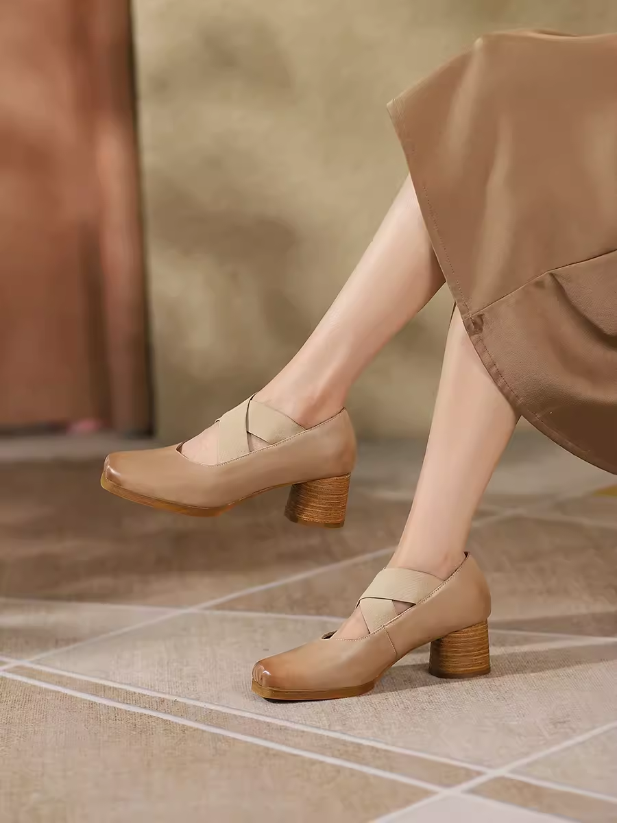 Handmade Retro Lace-Up Pig Nose Ballet Shoes for Women, 5cm Chunky Heels, Square Toe, Genuine Leather, Y2K Style Flats