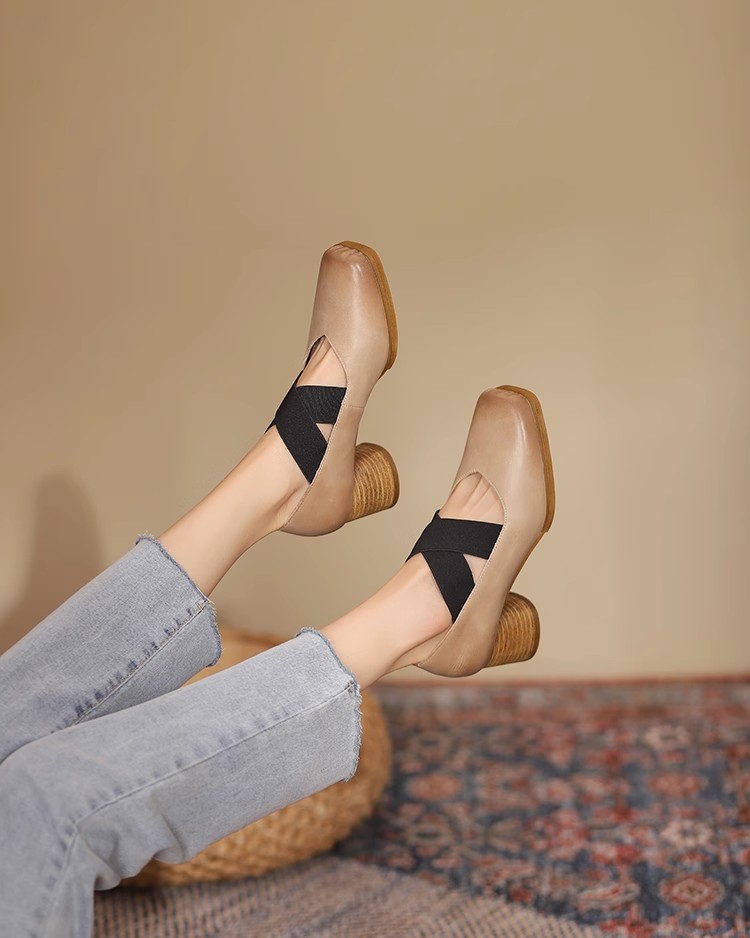 Handmade Retro Lace-Up Pig Nose Ballet Shoes for Women, 5cm Chunky Heels, Square Toe, Genuine Leather, Y2K Style Flats Handmade Retro Lace-Up Pig Nose Ballet Shoes for Women, 5cm Chunky Heels, Square Toe, Genuine Leather, Y2K Style Flats