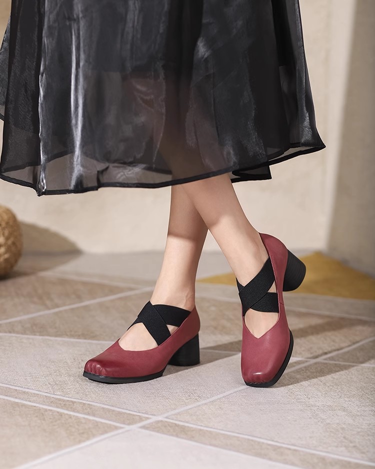 Handmade Retro Lace-Up Pig Nose Ballet Shoes for Women, 5cm Chunky Heels, Square Toe, Genuine Leather, Y2K Style Flats Handmade Retro Lace-Up Pig Nose Ballet Shoes for Women, 5cm Chunky Heels, Square Toe, Genuine Leather, Y2K Style Flats