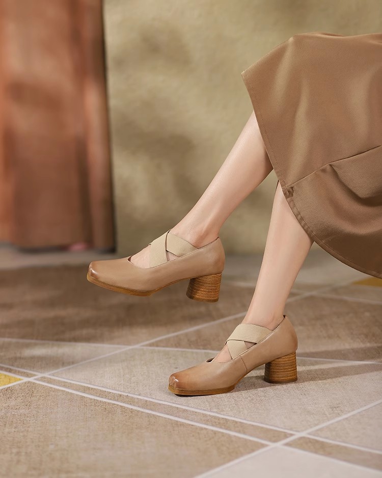 Handmade Retro Lace-Up Pig Nose Ballet Shoes for Women, 5cm Chunky Heels, Square Toe, Genuine Leather, Y2K Style Flats Handmade Retro Lace-Up Pig Nose Ballet Shoes for Women, 5cm Chunky Heels, Square Toe, Genuine Leather, Y2K Style Flats