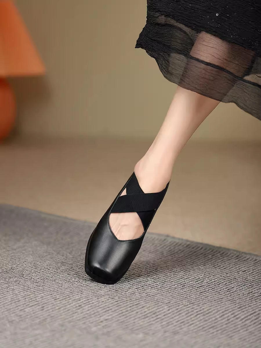 Handmade Retro Lace-Up Pig Nose Ballet Shoes for Women, 5cm Chunky Heels, Square Toe, Genuine Leather, Y2K Style Flats Handmade Retro Lace-Up Pig Nose Ballet Shoes for Women, 5cm Chunky Heels, Square Toe, Genuine Leather, Y2K Style Flats