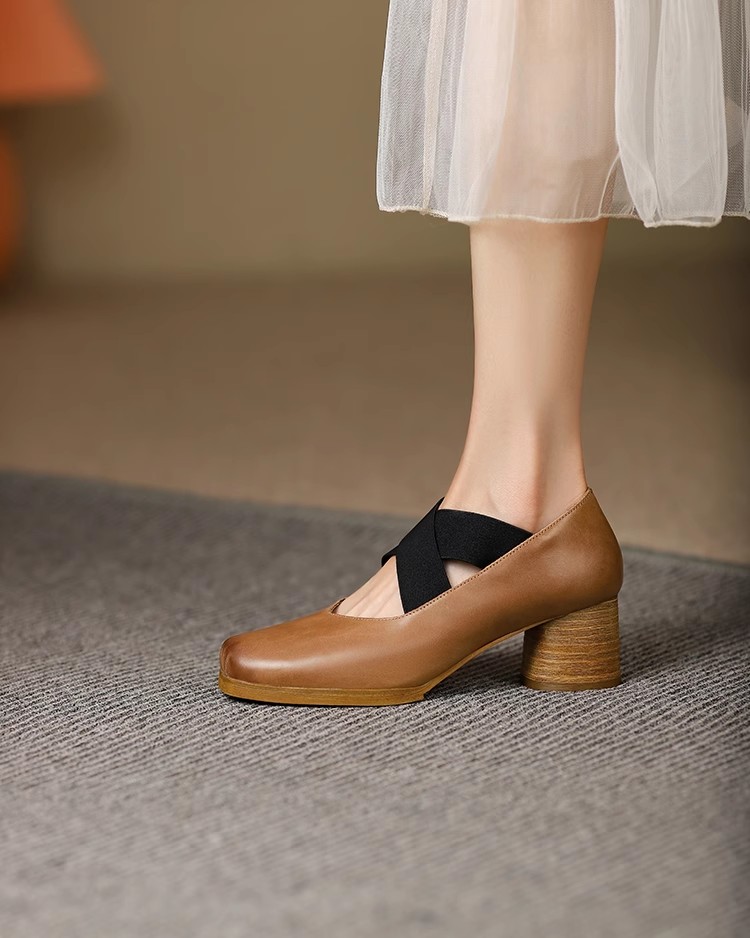 Handmade Retro Lace-Up Pig Nose Ballet Shoes for Women, 5cm Chunky Heels, Square Toe, Genuine Leather, Y2K Style Flats Handmade Retro Lace-Up Pig Nose Ballet Shoes for Women, 5cm Chunky Heels, Square Toe, Genuine Leather, Y2K Style Flats