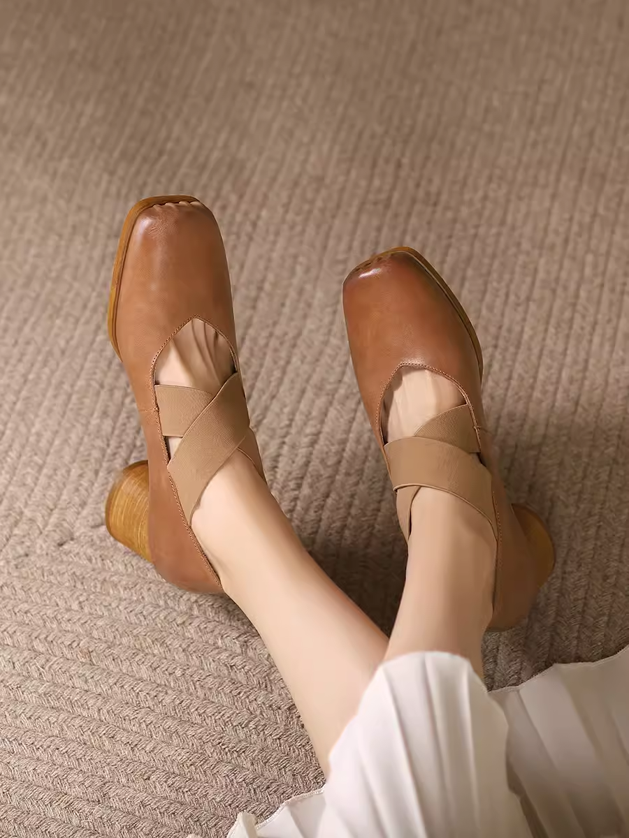 Handmade Retro Lace-Up Pig Nose Ballet Shoes for Women, 5cm Chunky Heels, Square Toe, Genuine Leather, Y2K Style Flats Handmade Retro Lace-Up Pig Nose Ballet Shoes for Women, 5cm Chunky Heels, Square Toe, Genuine Leather, Y2K Style Flats