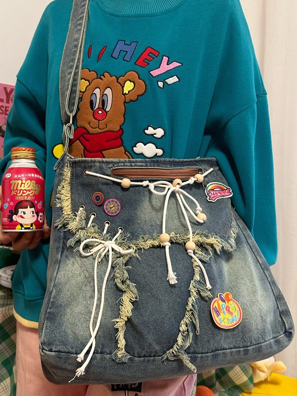 Handmade Vintage Denim Shoulder Crossbody Bag - Versatile Large Capacity Tote for Commuters and Students - Spring/Summer Collection