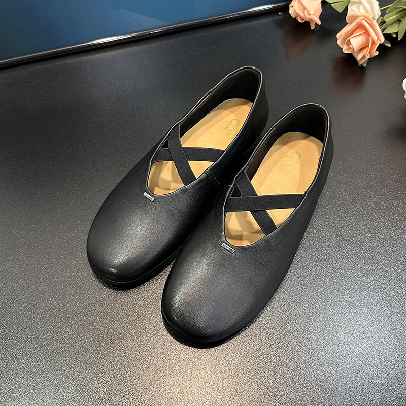 Handmade Vintage Genuine Leather Ballet Flats with Round Toe and Cross Straps, Soft Washed Sheepskin, Retro Comfort Shoes