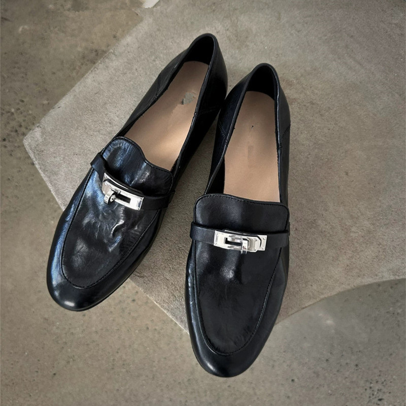 Handmade Vintage Leather Slip-On Loafers with Kelly Buckle - Women's Casual Soft Flat Shoes