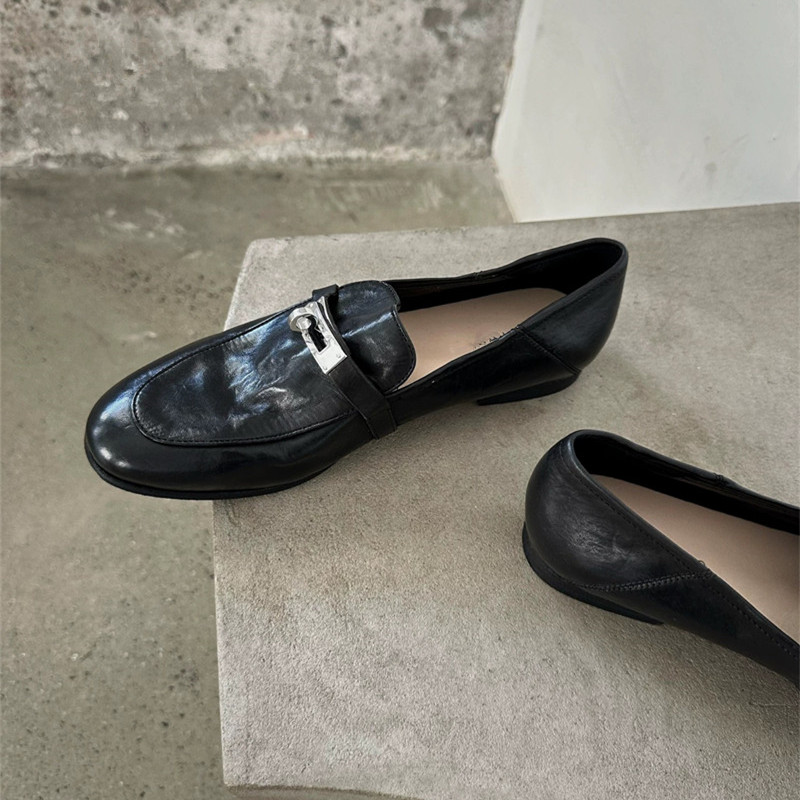 Handmade Vintage Leather Slip-On Loafers with Kelly Buckle - Women's Casual Soft Flat Shoes