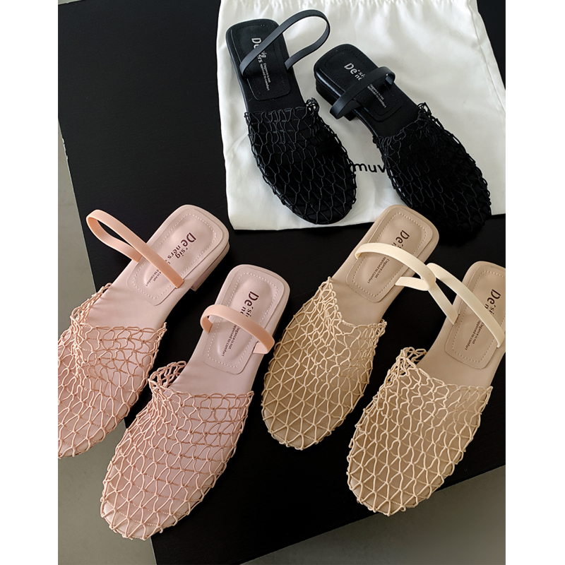 Handmade Vintage Pink Fishnet Sandals for Women - Two-Way Wear Open-Toe Summer Outdoor Shoes