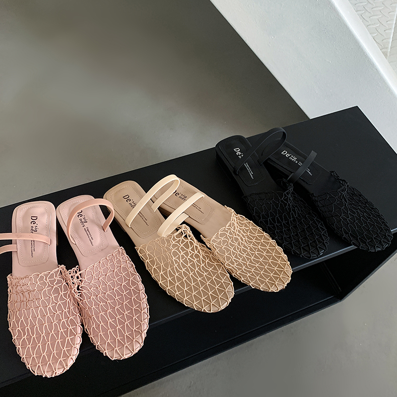 Handmade Vintage Pink Fishnet Sandals for Women - Two-Way Wear Open-Toe Summer Outdoor Shoes