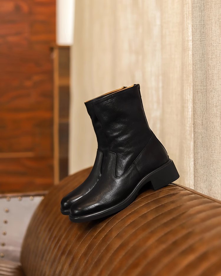 Handmade Washed Horse Leather Short Boots for Women, Chunky Heel Cigarette Boots, Genuine Leather Slim Fit, Stylish Footwear