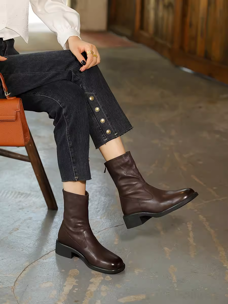 Handmade Washed Horse Leather Short Boots for Women, Chunky Heel Cigarette Boots, Genuine Leather Slim Fit, Stylish Footwear