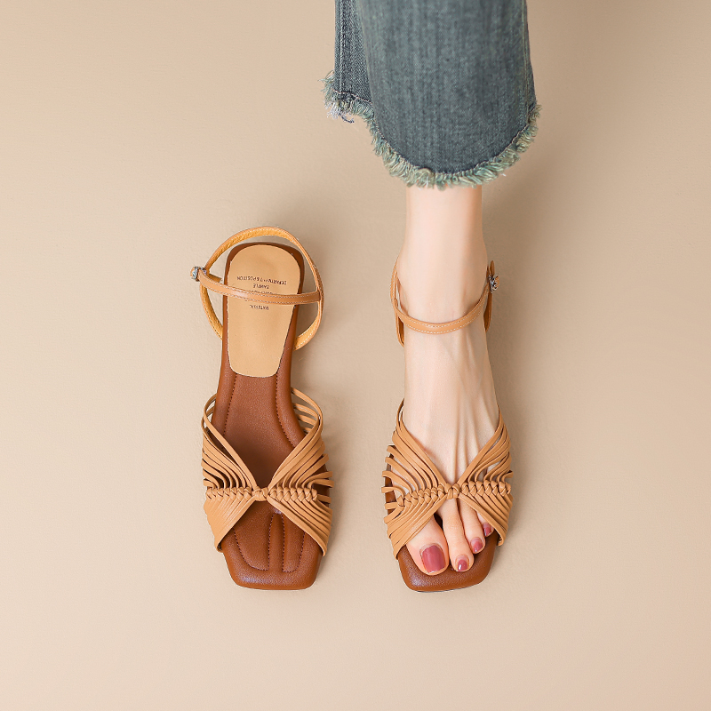 Handmade Woven Open-Toe One-Strap Roman Sandals for Women - Summer French Square-Toe Style