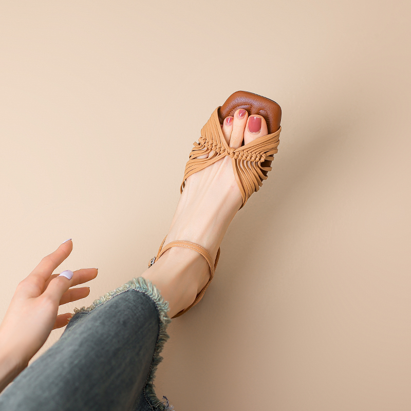 Handmade Woven Open-Toe One-Strap Roman Sandals for Women - Summer French Square-Toe Style Handmade Woven Open-Toe One-Strap Roman Sandals for Women - Summer French Square-Toe Style