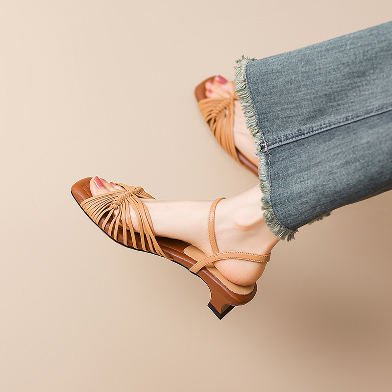 Handmade Woven Open-Toe One-Strap Roman Sandals for Women - Summer French Square-Toe Style Handmade Woven Open-Toe One-Strap Roman Sandals for Women - Summer French Square-Toe Style