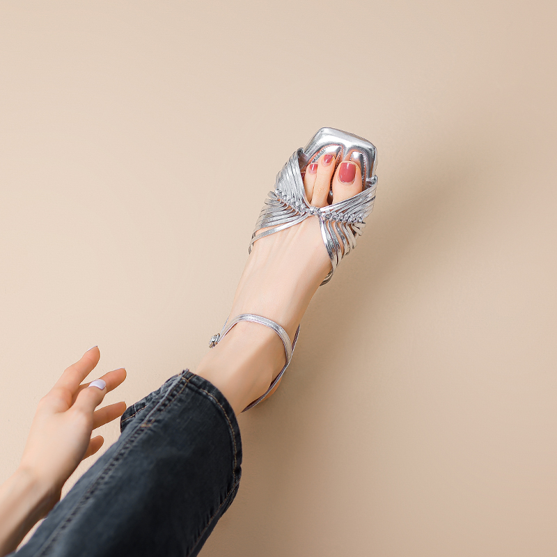 Handmade Woven Open-Toe One-Strap Roman Sandals for Women - Summer French Square-Toe Style Handmade Woven Open-Toe One-Strap Roman Sandals for Women - Summer French Square-Toe Style