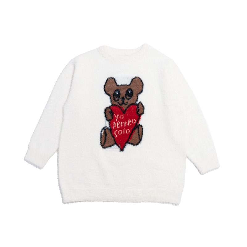 Heart Bear Jacquard Sweater - White Loose Pullover Knit Top, Y2K Style, Cozy Knitwear, Casual Women's Fashion