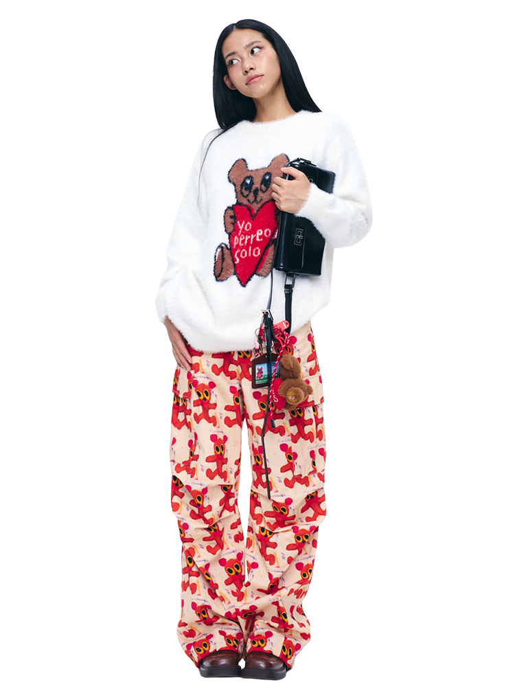 Heart Bear Jacquard Sweater - White Loose Pullover Knit Top, Y2K Style, Cozy Knitwear, Casual Women's Fashion