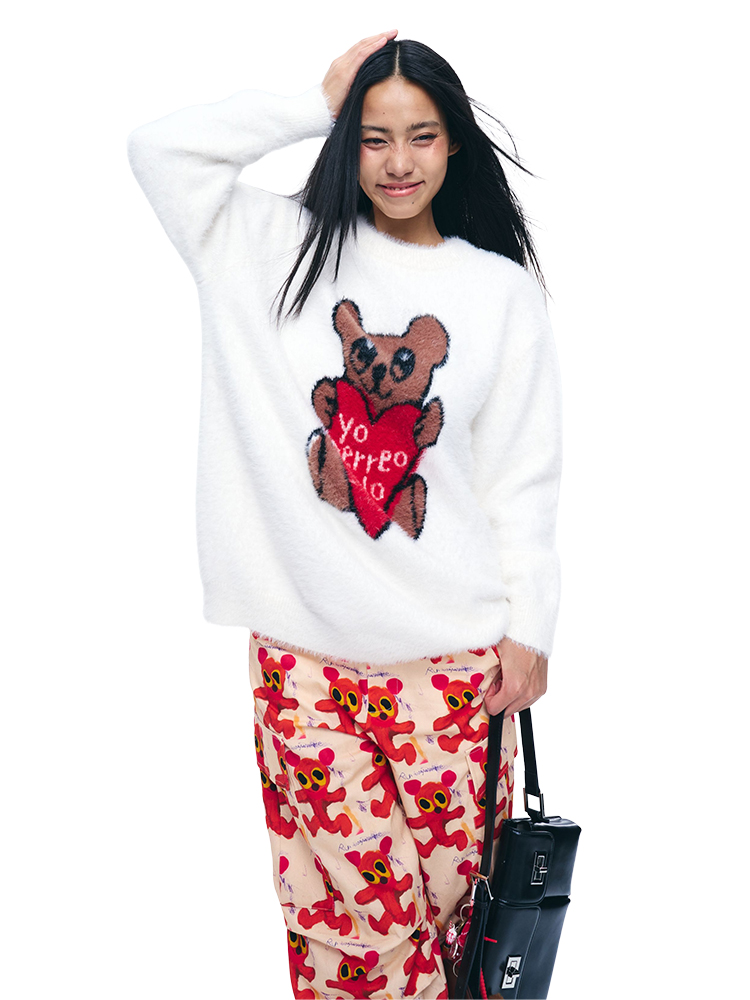 Heart Bear Jacquard Sweater - White Loose Pullover Knit Top, Y2K Style, Cozy Knitwear, Casual Women's Fashion Heart Bear Jacquard Sweater - White Loose Pullover Knit Top, Y2K Style, Cozy Knitwear, Casual Women's Fashion